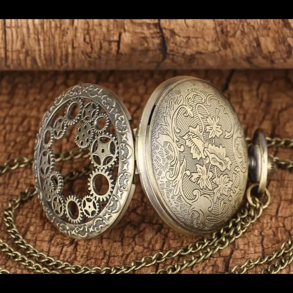 Antique Copper Steampunk Vintage Gear Quartz‎ Pocket Watch Bronze